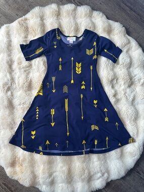 LuLaRoe Girls Adeline Dress Size 4 Navy Blue Yellow Arrow Tribal Swing Style